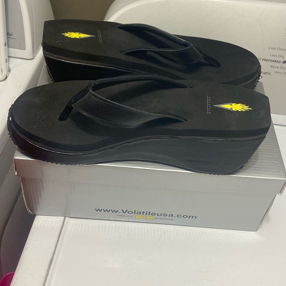 Volatile NEW IN BOX black wedge flip flops (run small)
